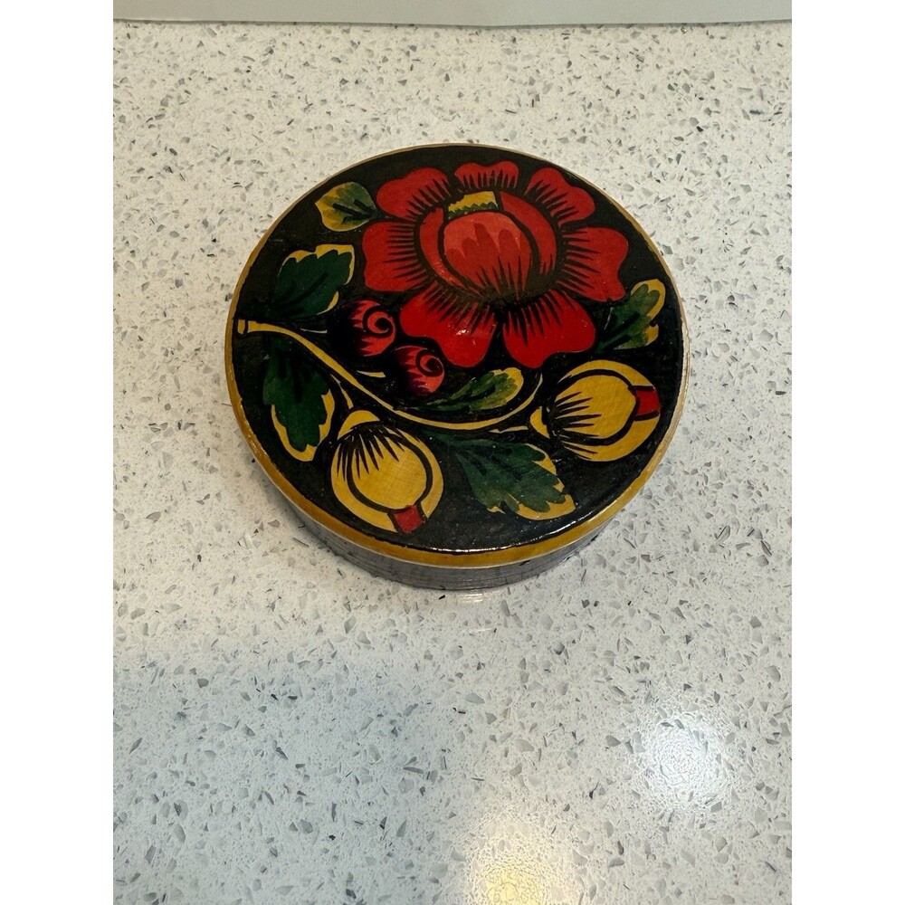 Vintage Russian Hand Painted Wood Floral Lacquer Trinket Box Folk Art